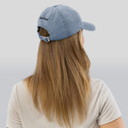 chai not chai חי לא חי denim hat back of model with long hair