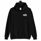 black plush hoodie displayed on a hanger with the Unpacked brand logo in white printed small onto the pocket area