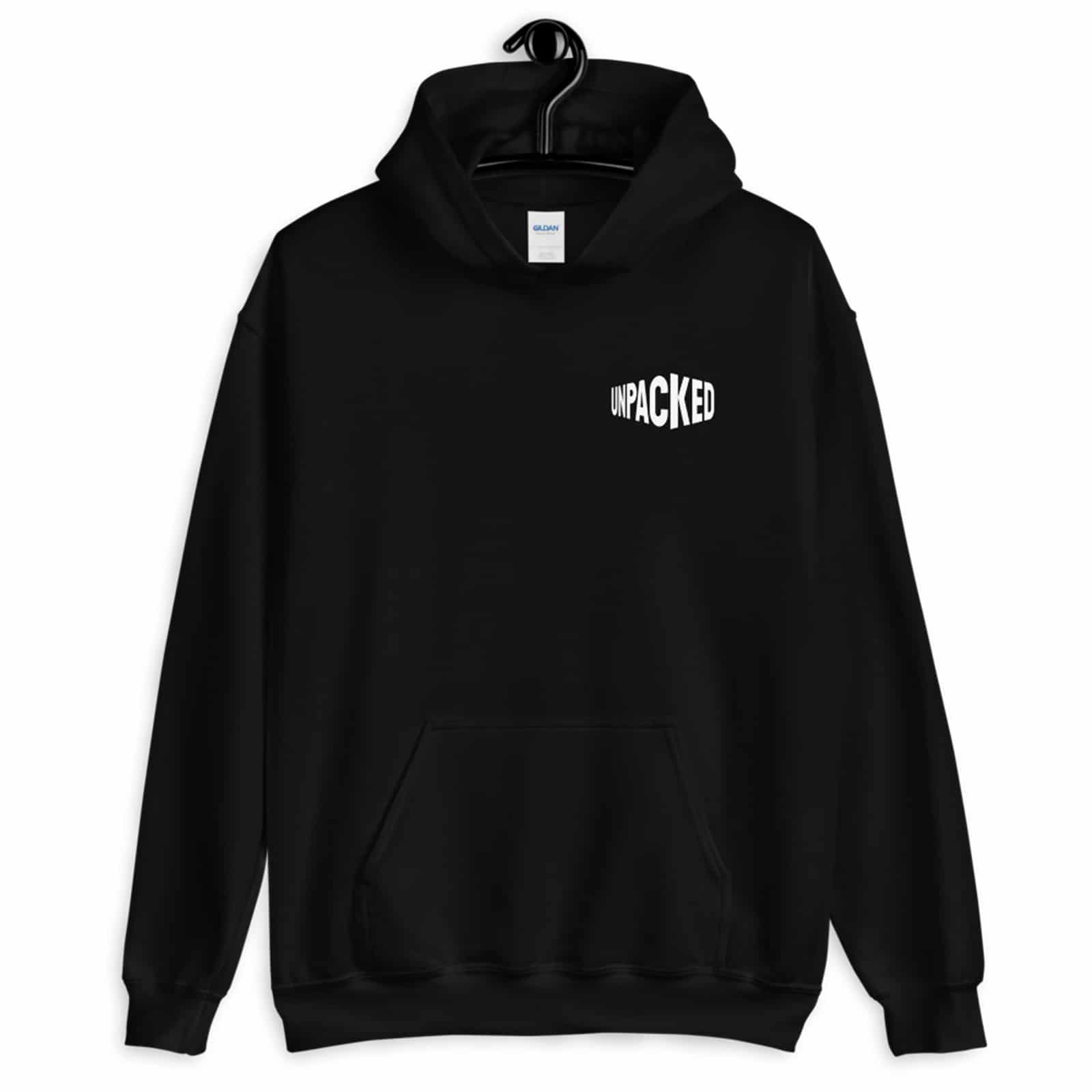 black plush hoodie displayed on a hanger with the Unpacked brand logo in white printed small onto the pocket area