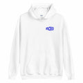 white plush hoodie with the Unpacked brand logo in blue printed small onto the pocket area
