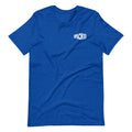 blue t-shirt with the Unpacked brand logo in white printed small onto the pocket area