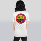 female model wearing the white "menorah search and rescue" tee