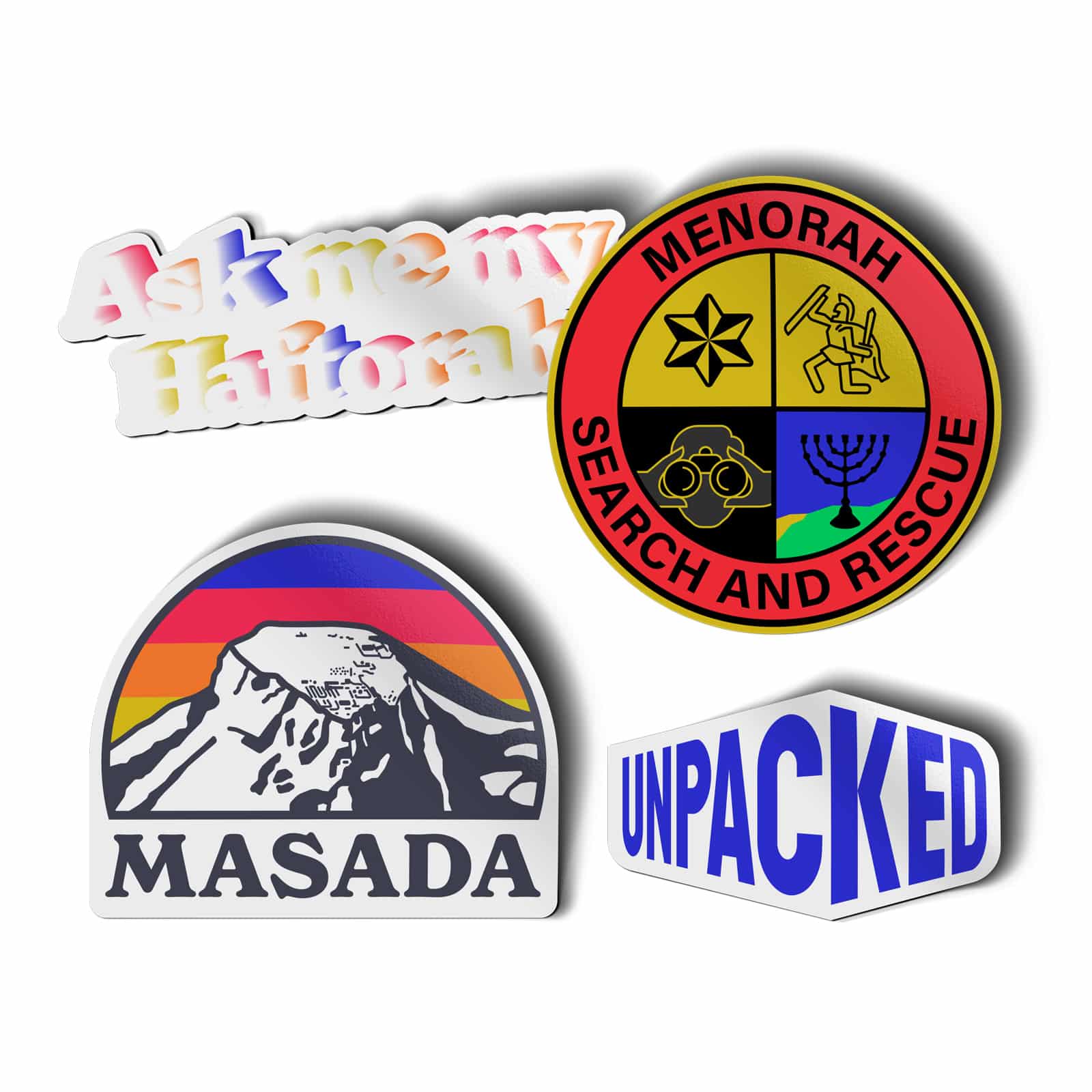 four colorful jewish themed sticker designs